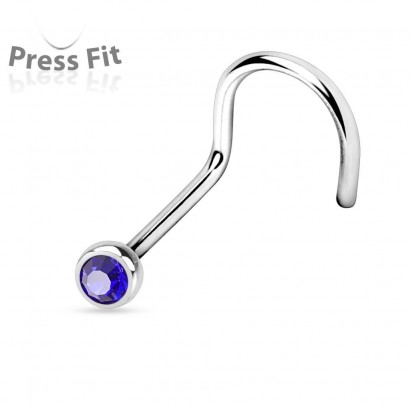 Zahnutý piercing do nosu, zirkon 2mm (tmavě modrá)