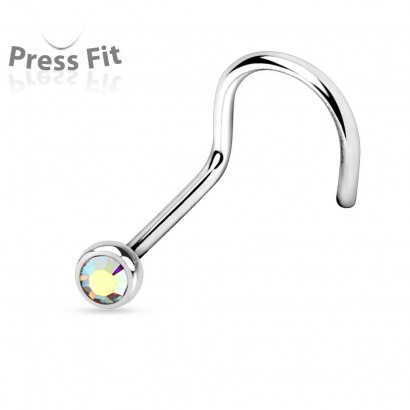 Zahnutý piercing do nosu, zirkon 2mm (duhová)